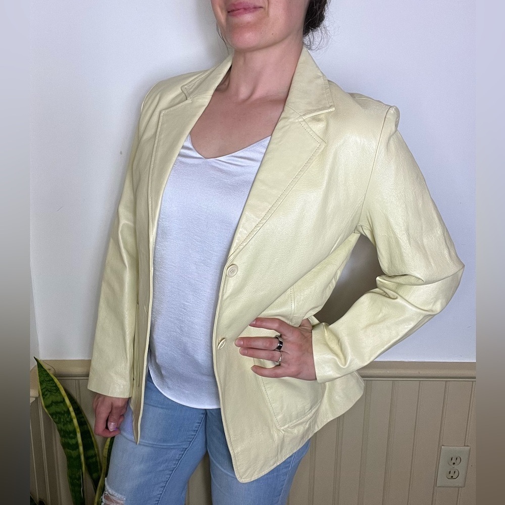 Vintage Y2K Metrostyle Butter Yellow Winter Leather Blazer Jacket Women's Sz 14
